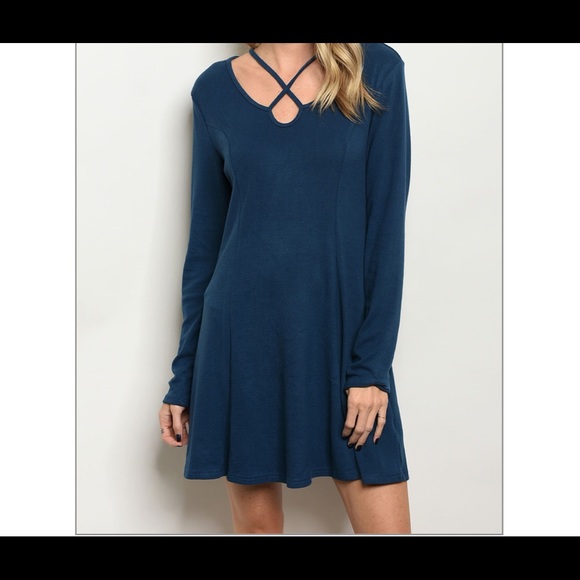New Teal Blue Long Sleeve Midi Dress Relaxed Fit - Picture 2 of 4